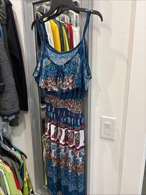 Boho Teal Multi-Print Maxi Dress
